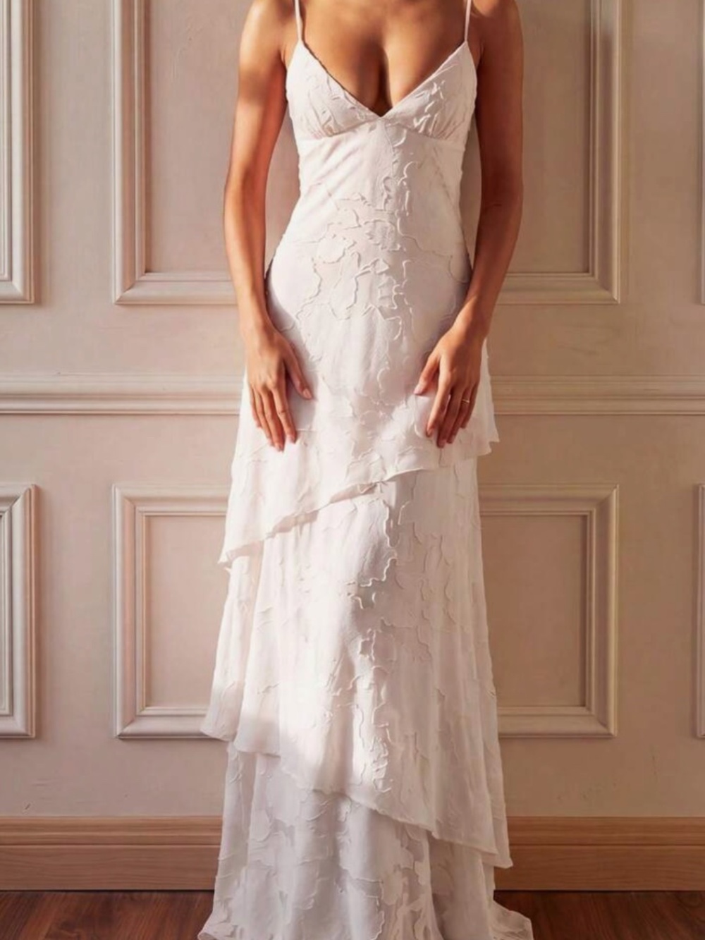 White Floral Design Floor Length Gown - Worn Once - 6 (M)